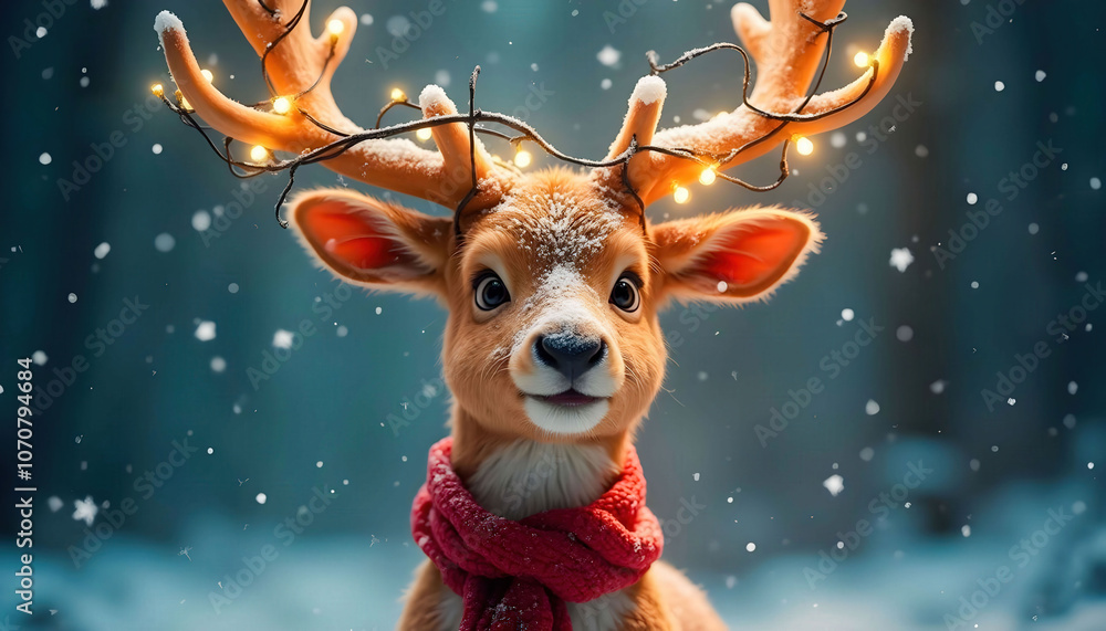 A reindeer with lights attached and a red scarf, bringing festive cheer to the holiday season with its whimsical, charming look.