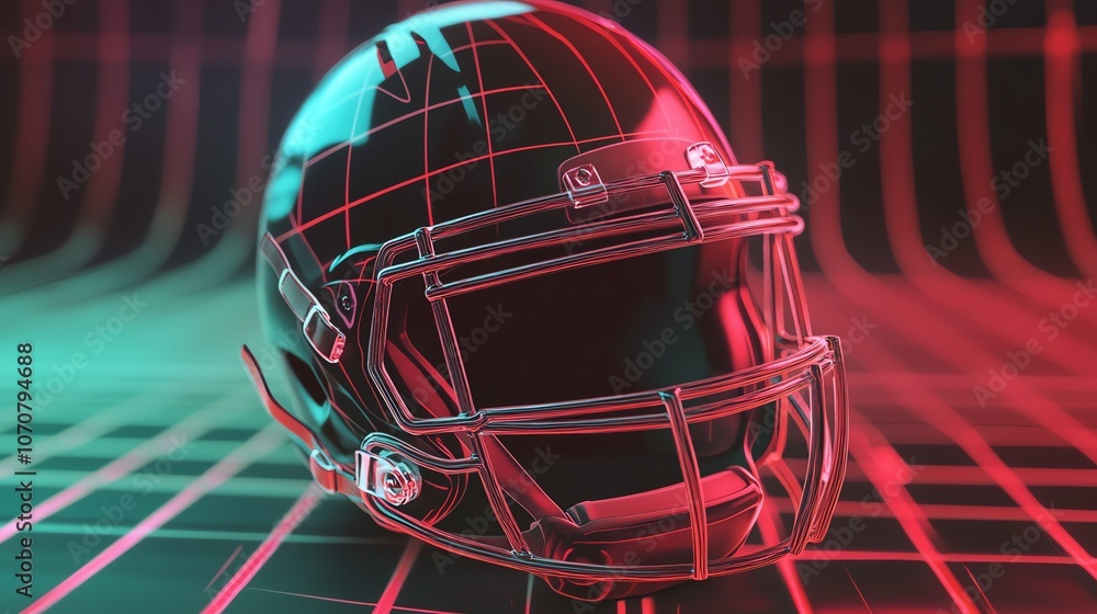 Futuristic football helmet design with glowing grid patterns, showcasing innovative sports technology. Futuristic football helmet design with glowing grid patterns, showcasing innovative sports technology.
