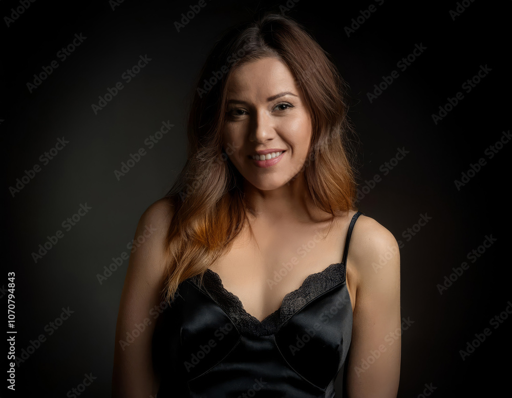joven mujer atractiva sonriendo con camisón lencero muy seductor negro de tirantes joven mujer atractiva sonriendo con camisón lencero muy seductor negro de tirantes