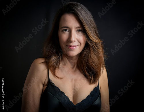 retrato de mujer atractiva y bella vestida con un seductor camisón de color negro con tirantes photo