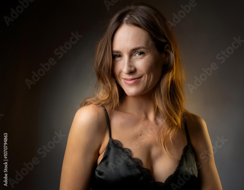 mujer bella y de pelo castaño sonriendo vestida con un seductor camisón negro de tirantes