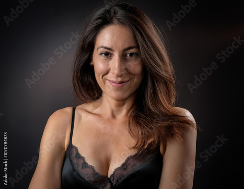 retrato de mujer seductora vestida con un camisón de lencería negro con tirantes y sonriendo