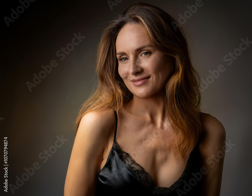 Wallpaper Mural Portrait of beautiful and attractive woman with blonde hair smiling dressed in a seductive and glamorous black nightgown with straps Torontodigital.ca