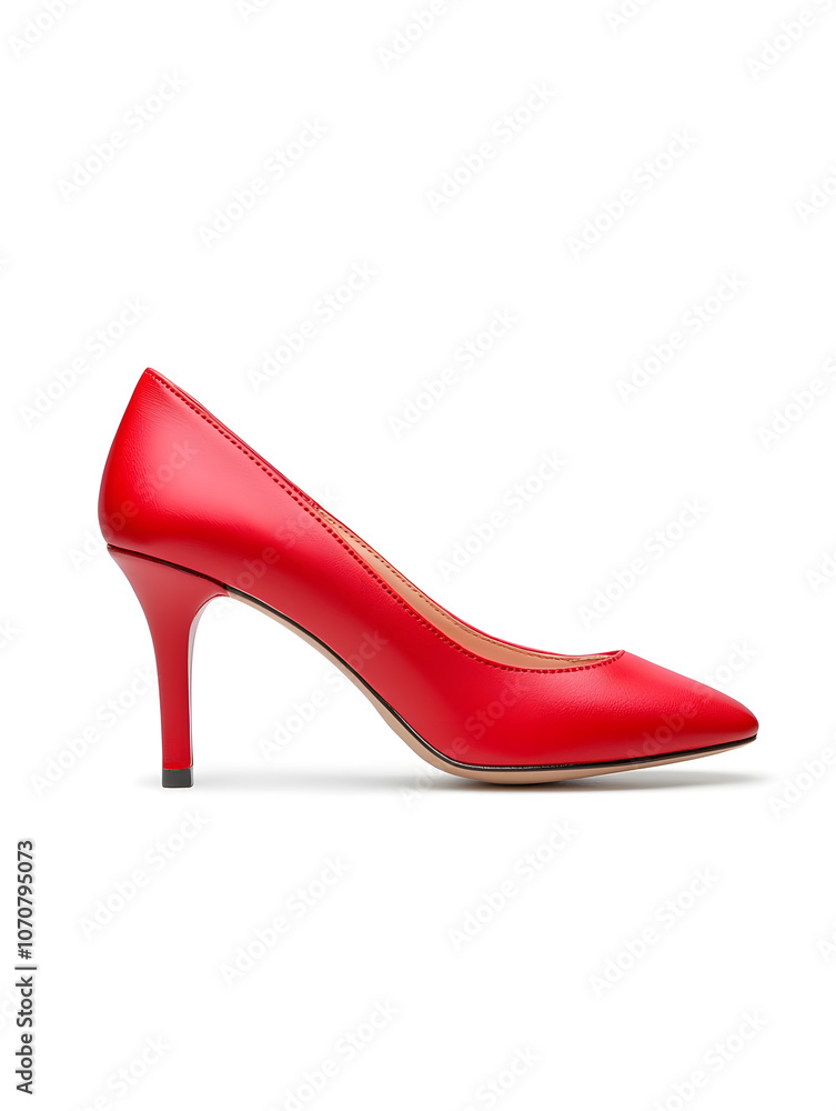 Side view sleek red high-heeled stiletto shoe isolated on white background