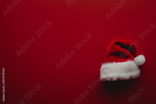 A cheerful Santa hat resting on a solid red background, symbolizing Christmas joy, winter holidays, festive spirit, and holiday cheer.