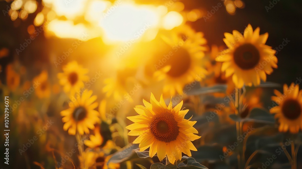A vibrant field of sunflowers illuminated by a warm sunset. A vibrant field of sunflowers illuminated by a warm sunset.