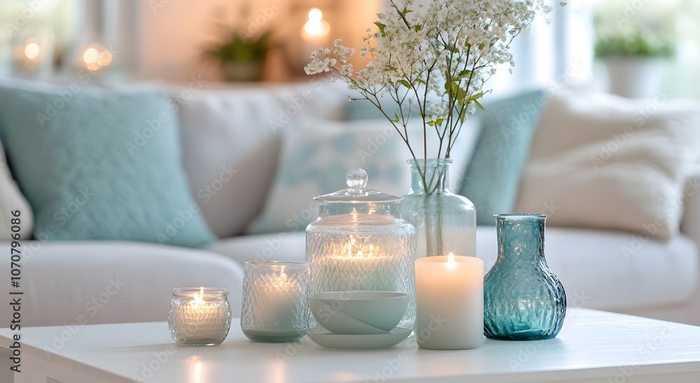 Close-up of candles and decorations on coffee table in front of a white sofa with light blue pillows. A modern interior design with the idea of creating a warm home environment and a fresh feel. Close-up of candles and decorations on coffee table in front of a white sofa with light blue pillows. A modern interior design with the idea of creating a warm home environment and a fresh feel.
