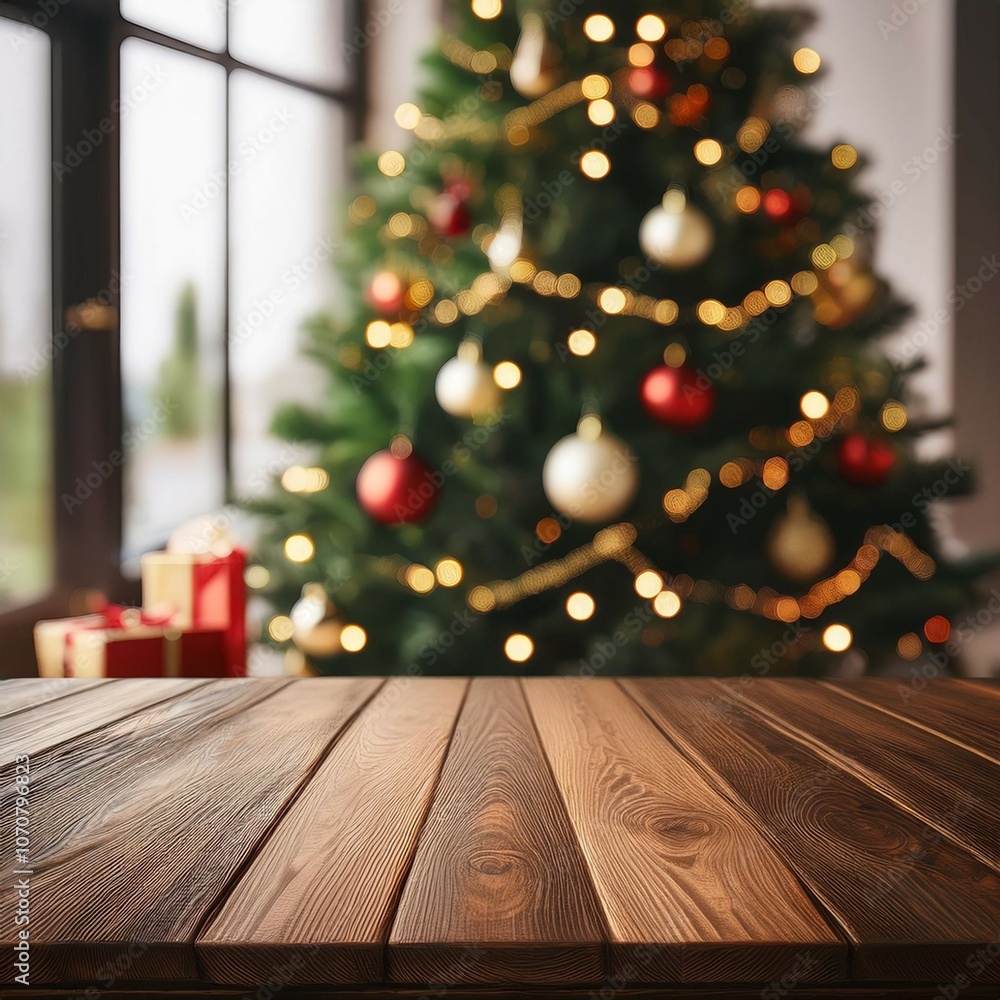 empty wooden table top with blur background of christmas fir tree and decorations empty wooden table top with blur background of christmas fir tree and decorations