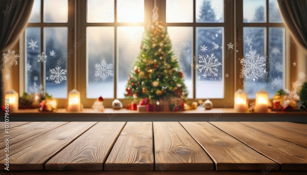 empty wooden table top in front of blurred christmas decorated frosty window background empty wooden table top in front of blurred christmas decorated frosty window background