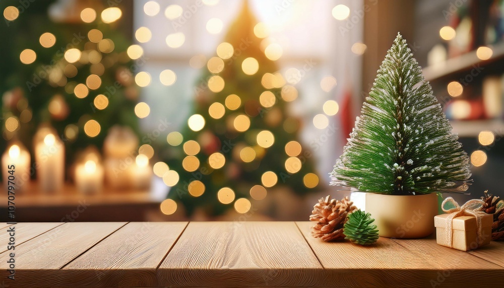 front view of christmas table top with blurred fir tree and winter holiday decoration background front view of christmas table top with blurred fir tree and winter holiday decoration background