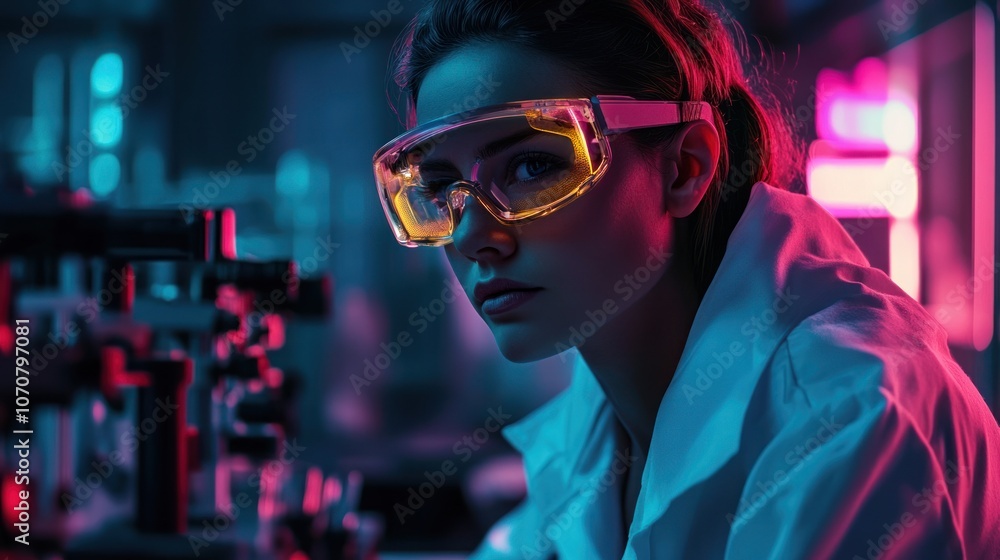 Cyberpunk scientist half-body portrait, wearing AR glasses in a modern lab with neon light effects. Cyberpunk scientist half-body portrait, wearing AR glasses in a modern lab with neon light effects.