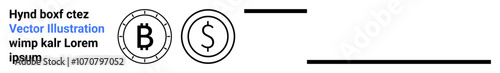 Bitcoin and dollar coin symbols next to decorative lines and placeholder text. Ideal for financial, cryptocurrency, digital money, blockchain technology, online transactions, global economy, fintech