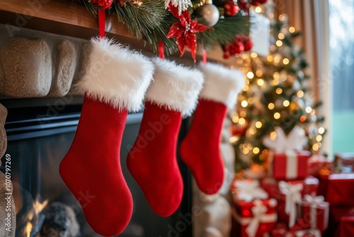 Colorful Christmas Stockings hanging by the warm glow of the Fire. Holiday stocks with gifts and decoration over cozy fireplace, for spreading Christmas cheer. Traditional Xmas celebration concept