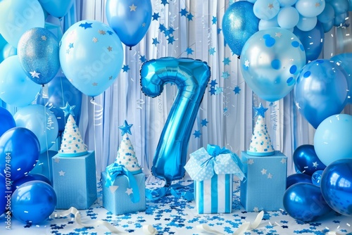 Blue birthday celebration with balloons and gifts for seventh birthday