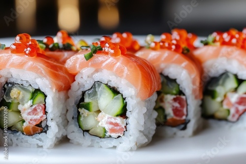 A close-up view of sushi rolls featuring salmon, cucumber, and roe, presented on a white plate.