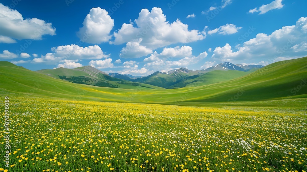 Vibrant grassland adorned with yellow flowers under a bright blue sky and fluffy clouds in a serene natural landscape Vibrant grassland adorned with yellow flowers under a bright blue sky and fluffy clouds in a serene natural landscape