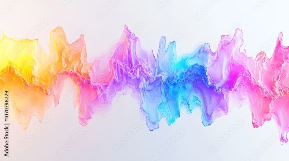 Fototapeta premium Dynamic neon waves with rainbow spectrum, bright energy streaks flowing vertically on white background.