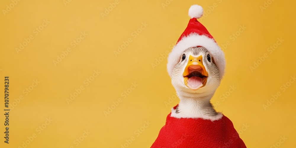 Surprised Festive Duck Dressed Up in a Santa Hat, Sparkly Cape. Goose in a Santa Claus Hat on a yellow color background. Copy space for text. Funny bird, red costume. Humor, winter concept. Xmas party Surprised Festive Duck Dressed Up in a Santa Hat, Sparkly Cape. Goose in a Santa Claus Hat on a yellow color background. Copy space for text. Funny bird, red costume. Humor, winter concept. Xmas party