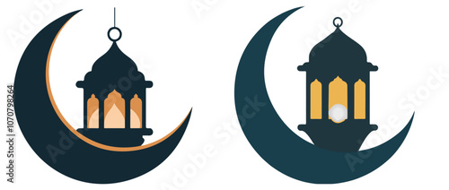 Illustration of crescent moon and traditional Arabic lantern symbolizing Ramadan and Islamic festive themes isolated on transparent