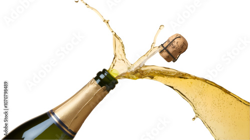 Champagne bottle uncorked with spray of bubbles and cork flying in celebration during a festive moment photo