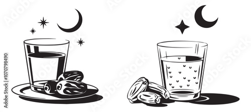 Silhouette illustration of water glass, dates, and crescent, ideal for Ramadan Iftar themes isolated on transparent