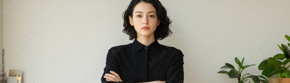 A confident woman stands with arms crossed, gazing directly at the camera in a minimalistic, plant-filled environment. A confident woman stands with arms crossed, gazing directly at the camera in a minimalistic, plant-filled environment.