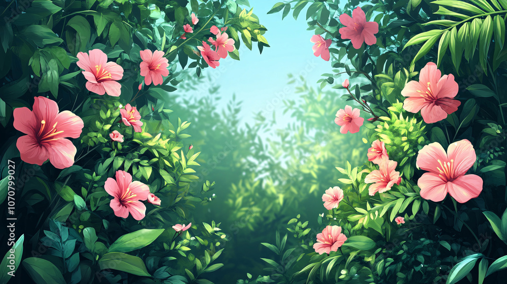 Vivid vector graphic of a garden in full bloom with pink flowers and green foliage, perfect for a creative and floral wallpaper design Vivid vector graphic of a garden in full bloom with pink flowers and green foliage, perfect for a creative and floral wallpaper design
