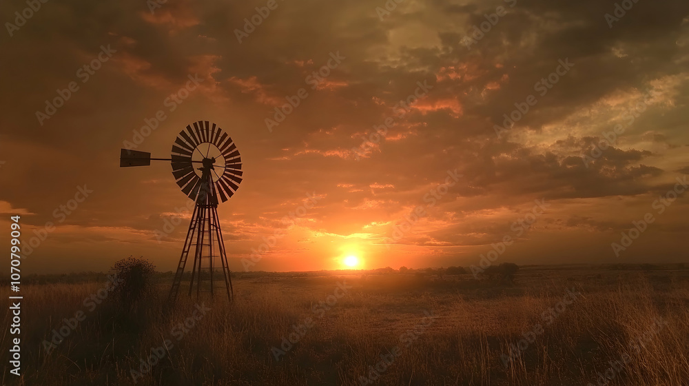 A lone windmill stands tall in a field at sunset.