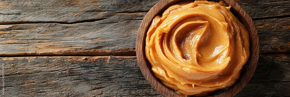 Creamy Peanut Butter in a Wooden Bowl on a Rustic Wooden Background Creamy Peanut Butter in a Wooden Bowl on a Rustic Wooden Background