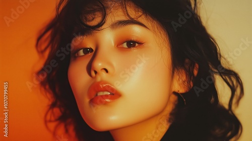 Wallpaper Mural Portrait of a young asian woman in warm lighting with curly hair and subtle makeup Torontodigital.ca