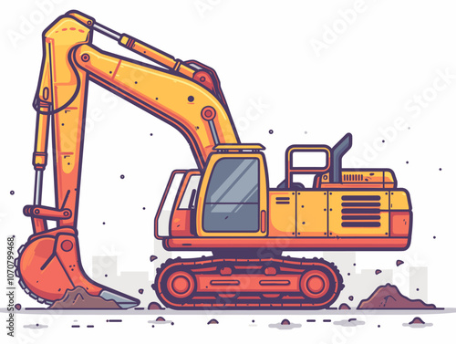 Yellow excavator is digging into the ground. The machine is large and powerful, and it is surrounded by dirt and debris