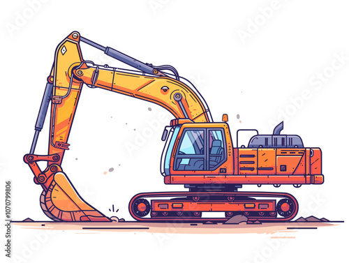 Yellow and orange construction vehicle is digging into the ground. The vehicle is a large excavator, and it is surrounded by dirt. Concept of hard work and determination