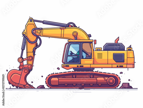 Yellow construction vehicle with a red engine. The vehicle is in the process of digging a hole