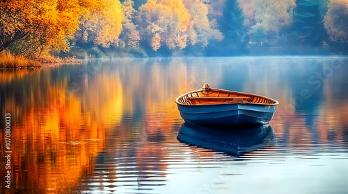 A lone wooden boat sits on a calm lake, surrounded by autumn foliage reflected in the still water.