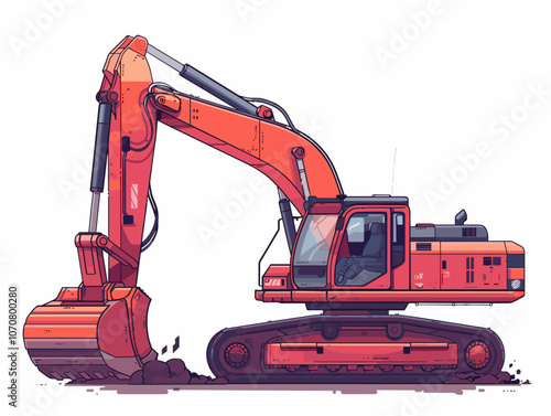 Red construction vehicle with a large scoop on the front. The vehicle is parked on a white background