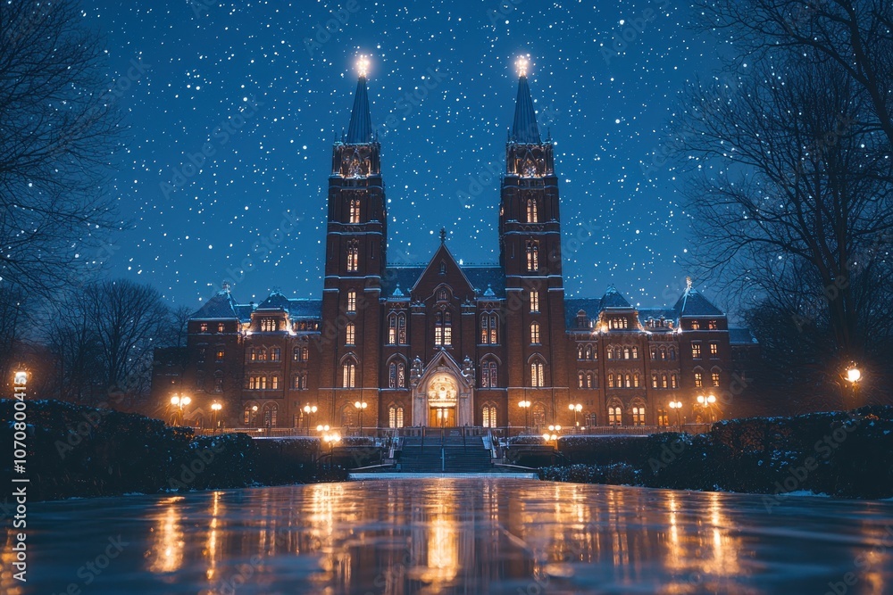 Obraz premium A Nighttime View of a Brick Building with Snow Falling and Lights Reflecting on a Frozen Pond