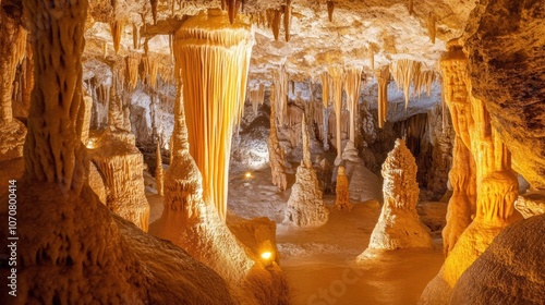 Exploration of an underground cave with soft lighting, revealing ancient limestone formations.