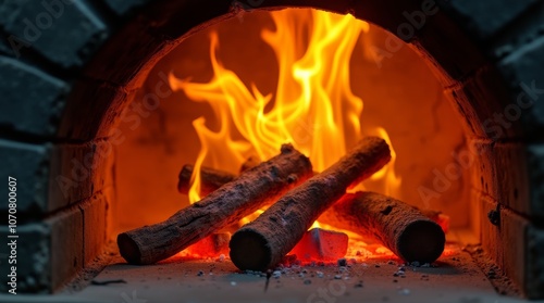 Burning logs in a brick oven