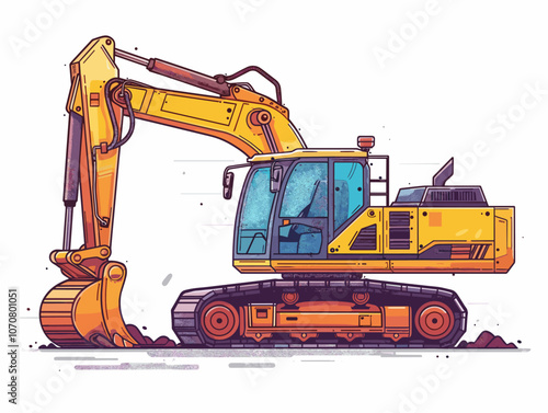 Yellow construction vehicle is shown in the foreground of the image. The vehicle is a large excavator, and it is positioned in front of a white background. Scene is one of construction and industry