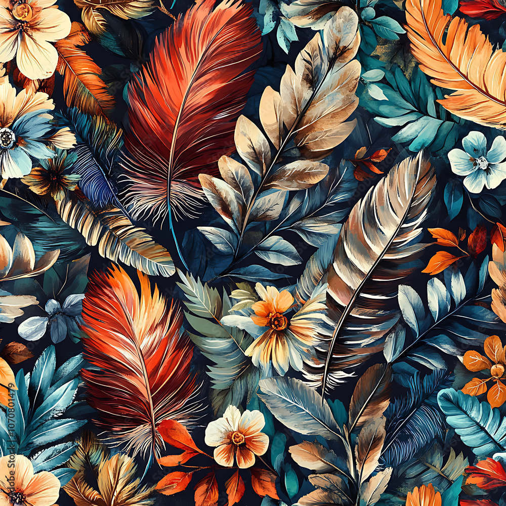 Beautiful boho floral pattern featuring vibrant feathers and leaves, showcasing rich color palette of blues, oranges, and greens, creating lively and artistic design Beautiful boho floral pattern featuring vibrant feathers and leaves, showcasing rich color palette of blues, oranges, and greens, creating lively and artistic design