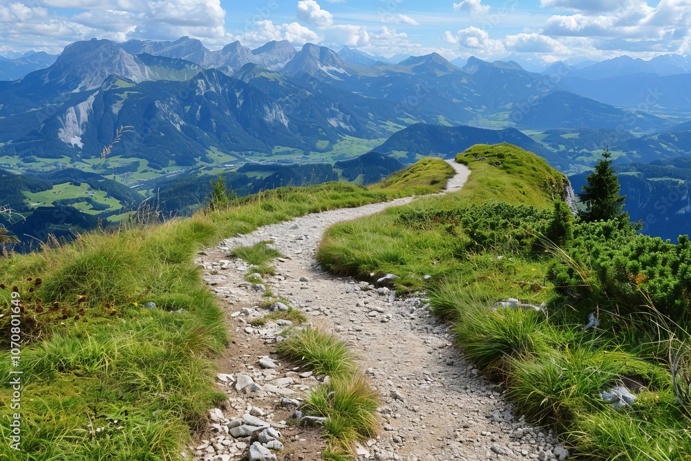 A picturesque path to a mountain summit, perfect for hiking enthusiasts A picturesque path to a mountain summit, perfect for hiking enthusiasts