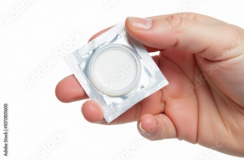  Hand Holding Clear-Labeled Condom Packet, Close-Up on White Background