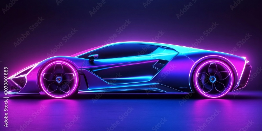 A sleek futuristic car with neon blue and purple lights showcases modern design and digital innovation in a dark setting A sleek futuristic car with neon blue and purple lights showcases modern design and digital innovation in a dark setting