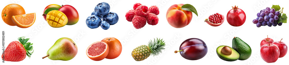 Ripe fruit set cut out, isolated, transparent background. Png photo. Healthy diet raw vegetarian food Ripe fruit set cut out, isolated, transparent background. Png photo. Healthy diet raw vegetarian food
