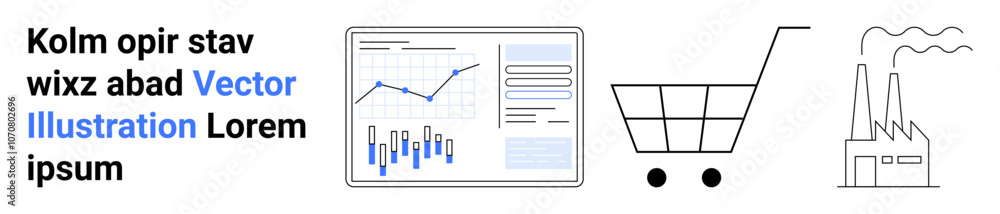 Analytics dashboard with line and bar charts, shopping cart, and factory icons. Ideal for business, e-commerce, industry, data analysis, growth, and logistics themes. Landing page Analytics dashboard with line and bar charts, shopping cart, and factory icons. Ideal for business, e-commerce, industry, data analysis, growth, and logistics themes. Landing page