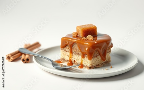 A single slice of caramel cheesecake sits on a white plate, topped with a caramel square and surrounded by cinnamon sticks photo