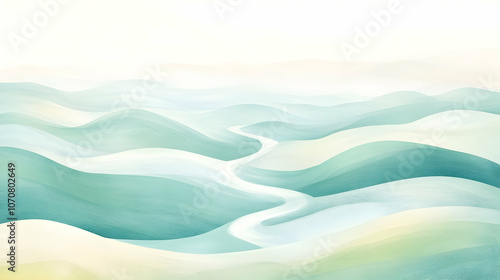 Abstract watercolor painting of a winding road through rolling hills.