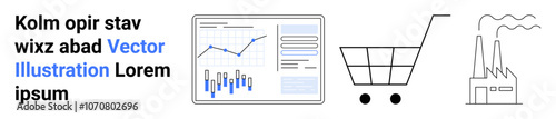 Analytics dashboard with line and bar charts, shopping cart, and factory icons. Ideal for business, e-commerce, industry, data analysis, growth, and logistics themes. Landing page