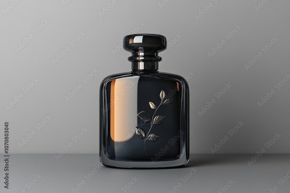 Elegant black glass bottle with a floral engraving on a minimalistic background Elegant black glass bottle with a floral engraving on a minimalistic background