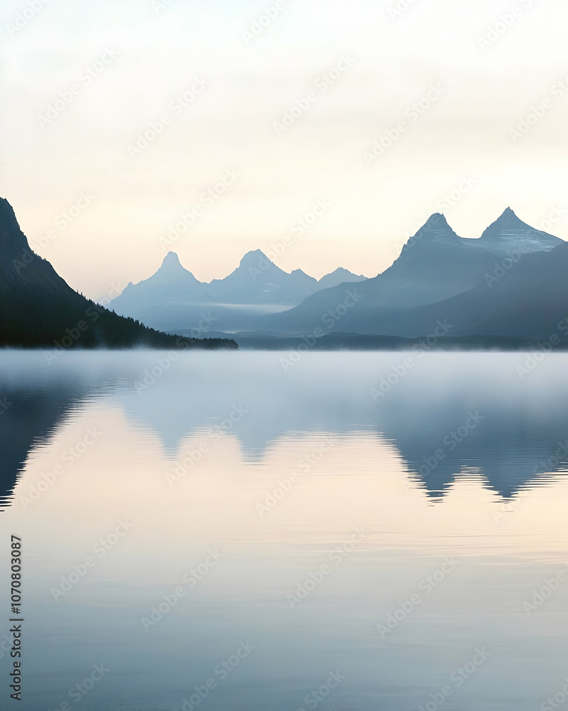 Misty mountains reflected in a still lake at dawn. Misty mountains reflected in a still lake at dawn.